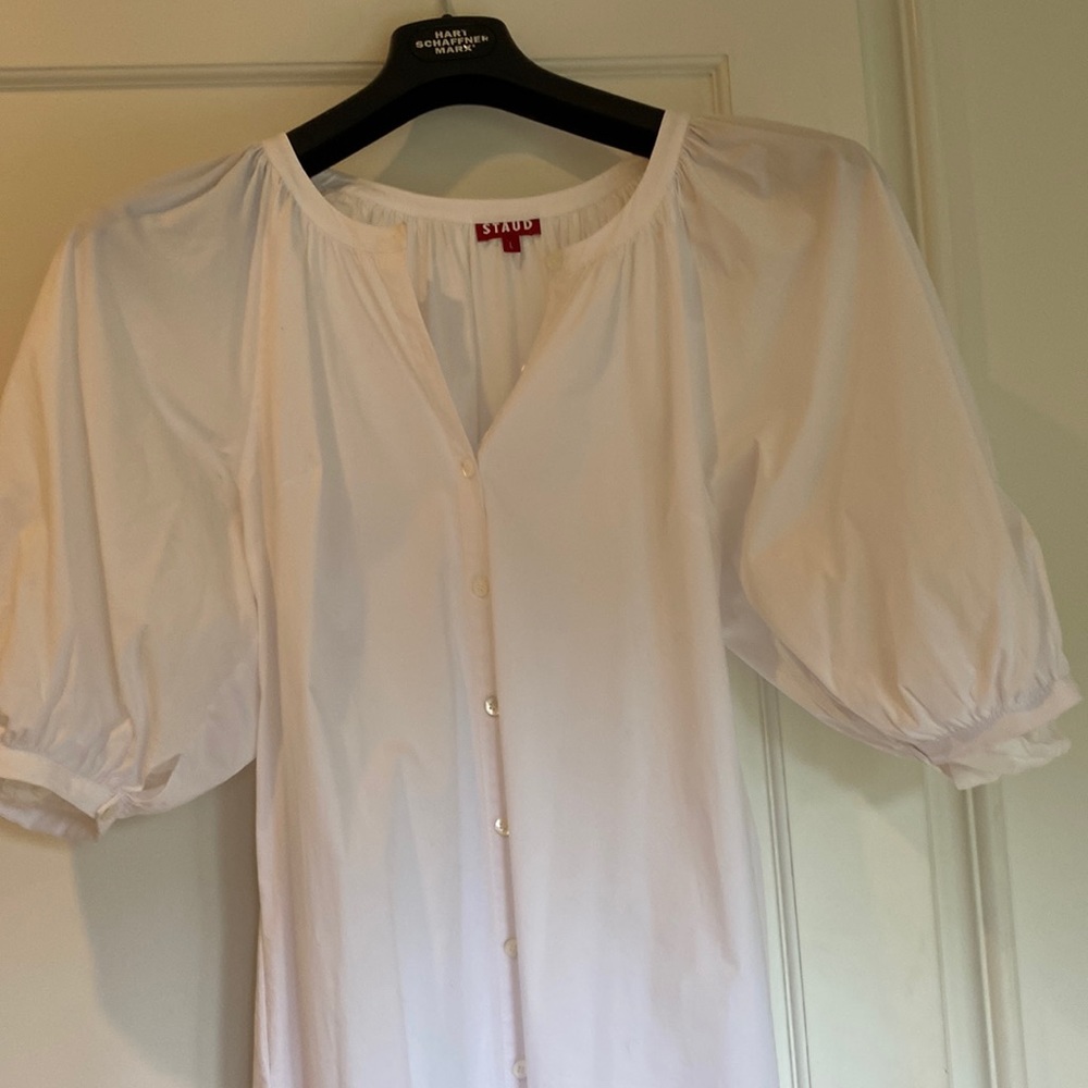 STAUD White Maxi Dress with Puff Sleeves